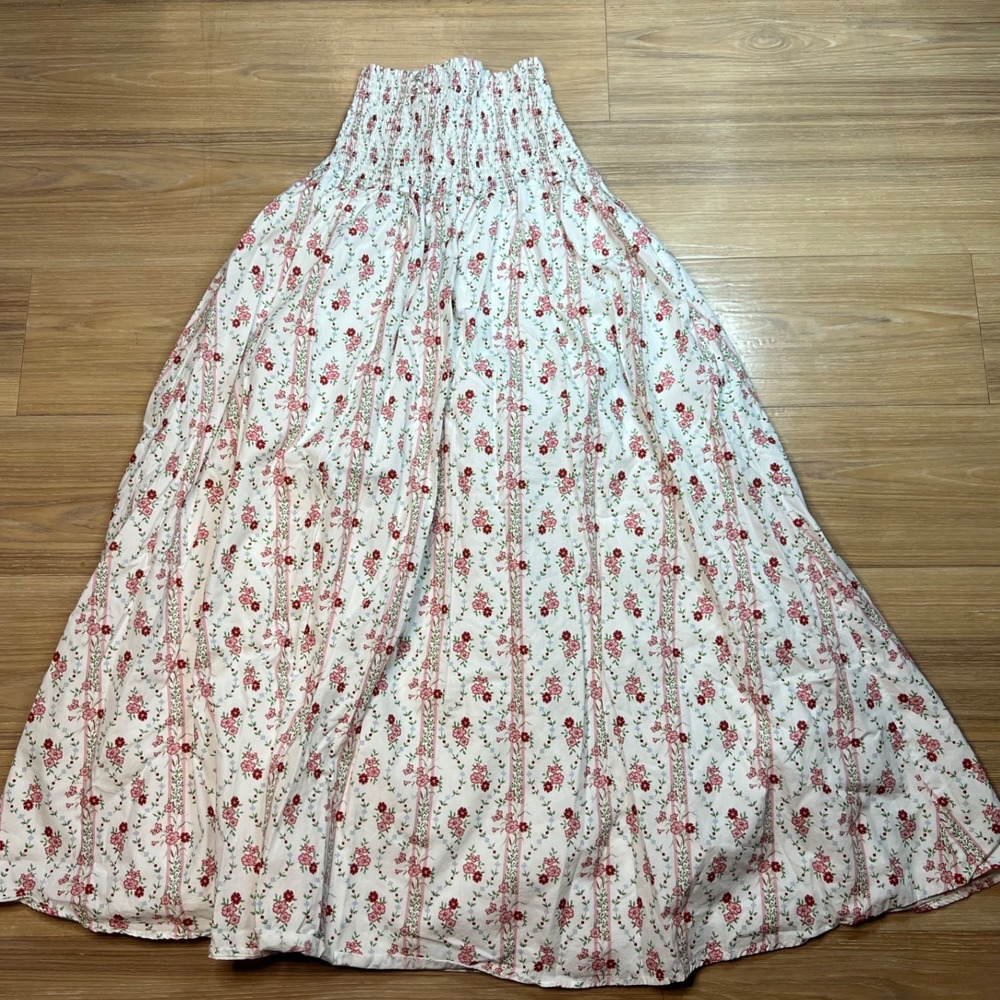Hill House Home Womens Maxi Skirt Smocked Floral Stripe White Red XS